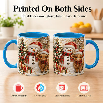 #pl[11oz|Blue] Highland Cow Snowman Coffee Mug, Festive Farm Mug, Ceramic Cup