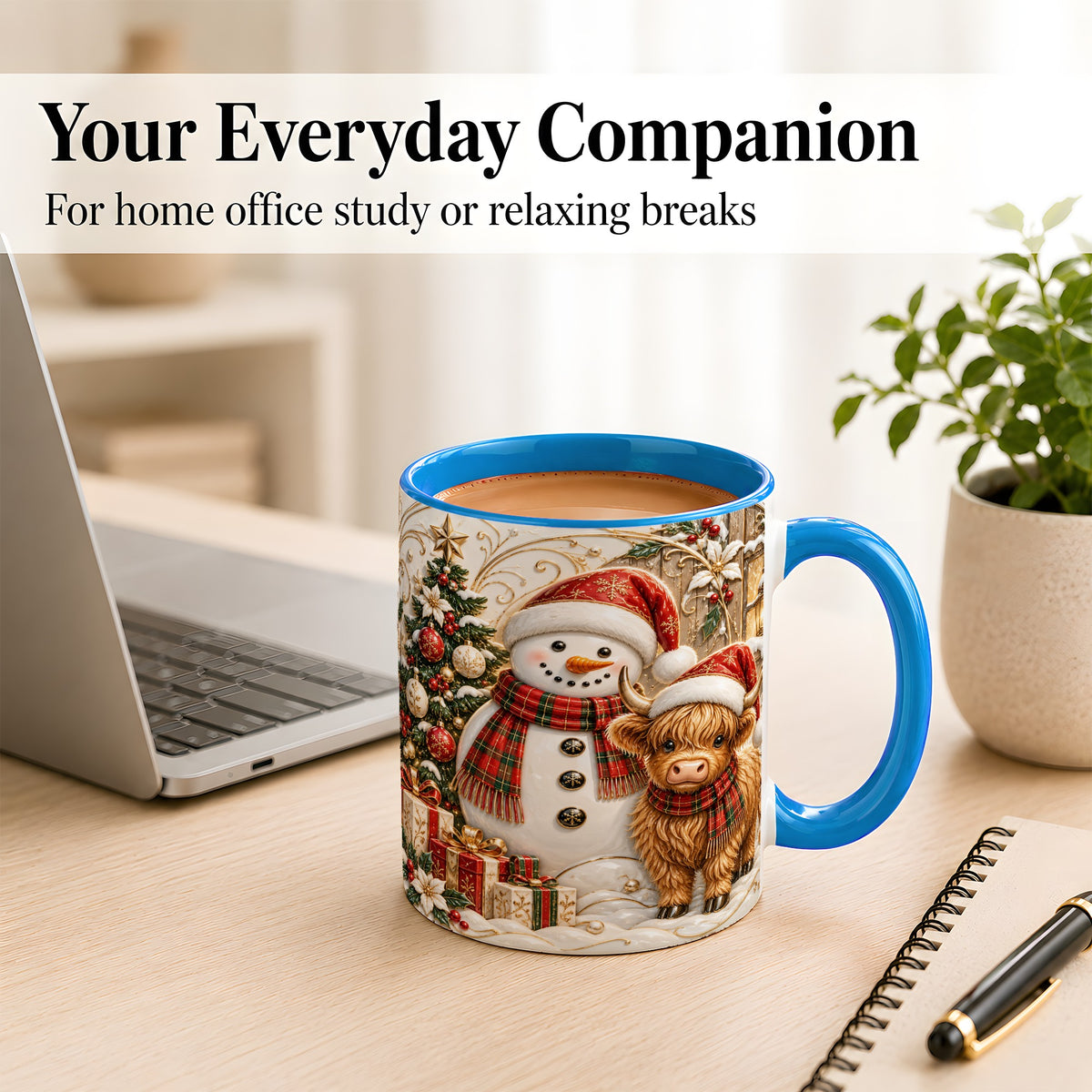 #pl[11oz|Blue] Highland Cow Snowman Coffee Mug, Festive Farm Mug, Ceramic Cup