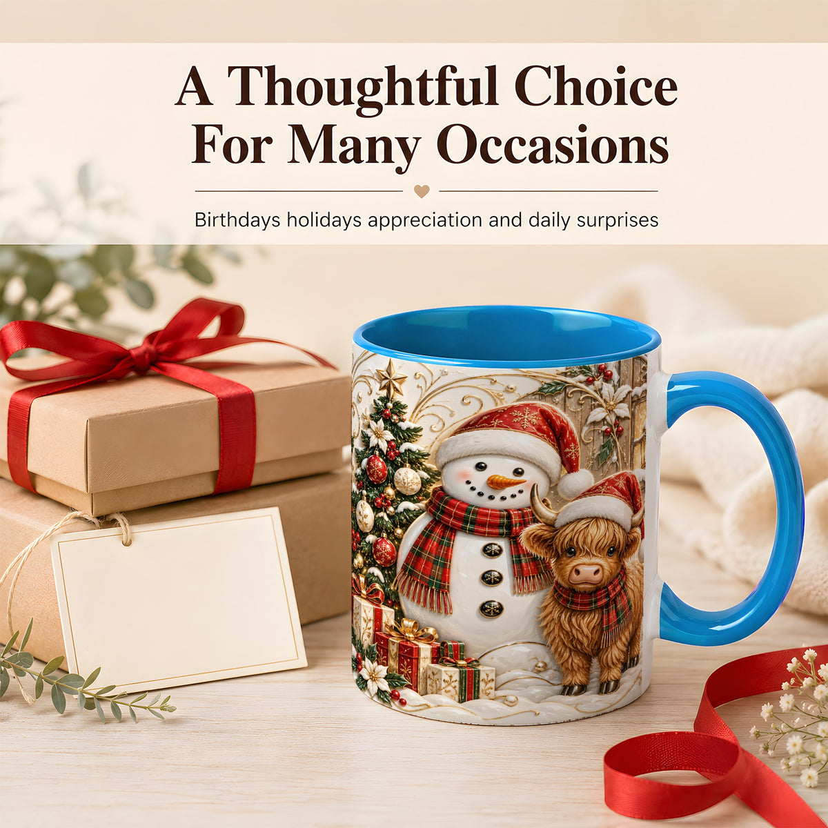 #pl[11oz|Blue] Highland Cow Snowman Coffee Mug, Festive Farm Mug, Ceramic Cup