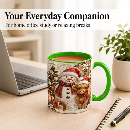 #pl[11oz|Green] Highland Cow Snowman Coffee Mug, Festive Farm Mug, Ceramic Cup