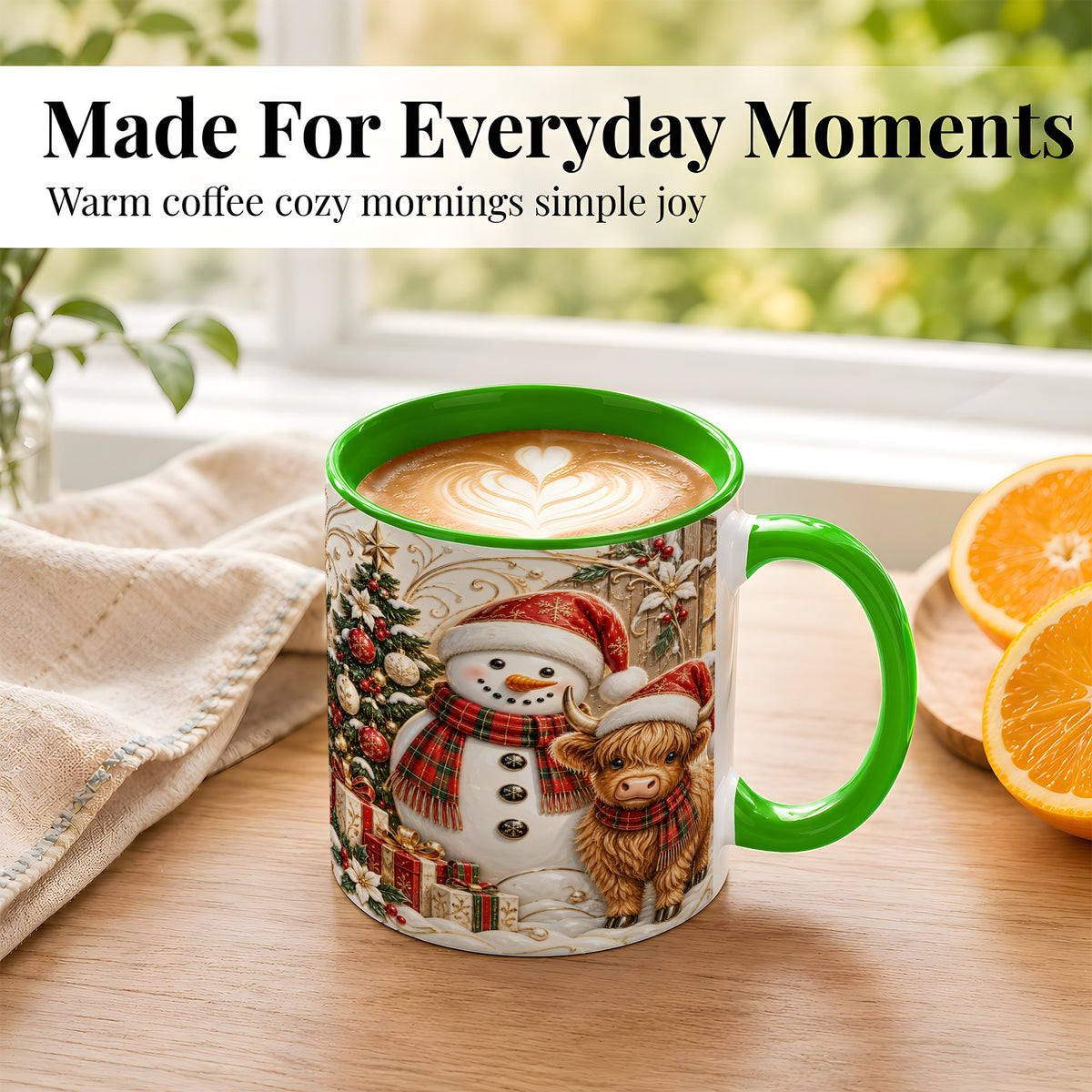 #pl[11oz|Green] Highland Cow Snowman Coffee Mug, Festive Farm Mug, Ceramic Cup