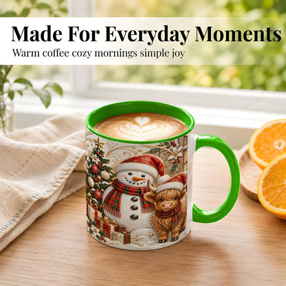 #pl[11oz|Green] Highland Cow Snowman Coffee Mug, Festive Farm Mug, Ceramic Cup