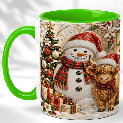 #pl[11oz|Green] Highland Cow Snowman Coffee Mug, Festive Farm Mug, Ceramic Cup
