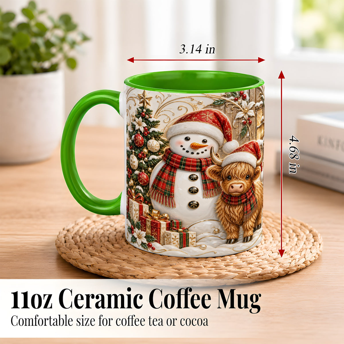 #pl[11oz|Green] Highland Cow Snowman Coffee Mug, Festive Farm Mug, Ceramic Cup