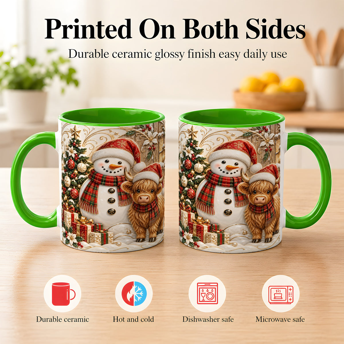 #pl[11oz|Green] Highland Cow Snowman Coffee Mug, Festive Farm Mug, Ceramic Cup