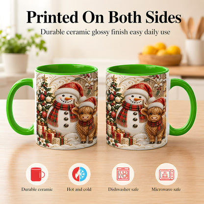 #pl[11oz|Green] Highland Cow Snowman Coffee Mug, Festive Farm Mug, Ceramic Cup