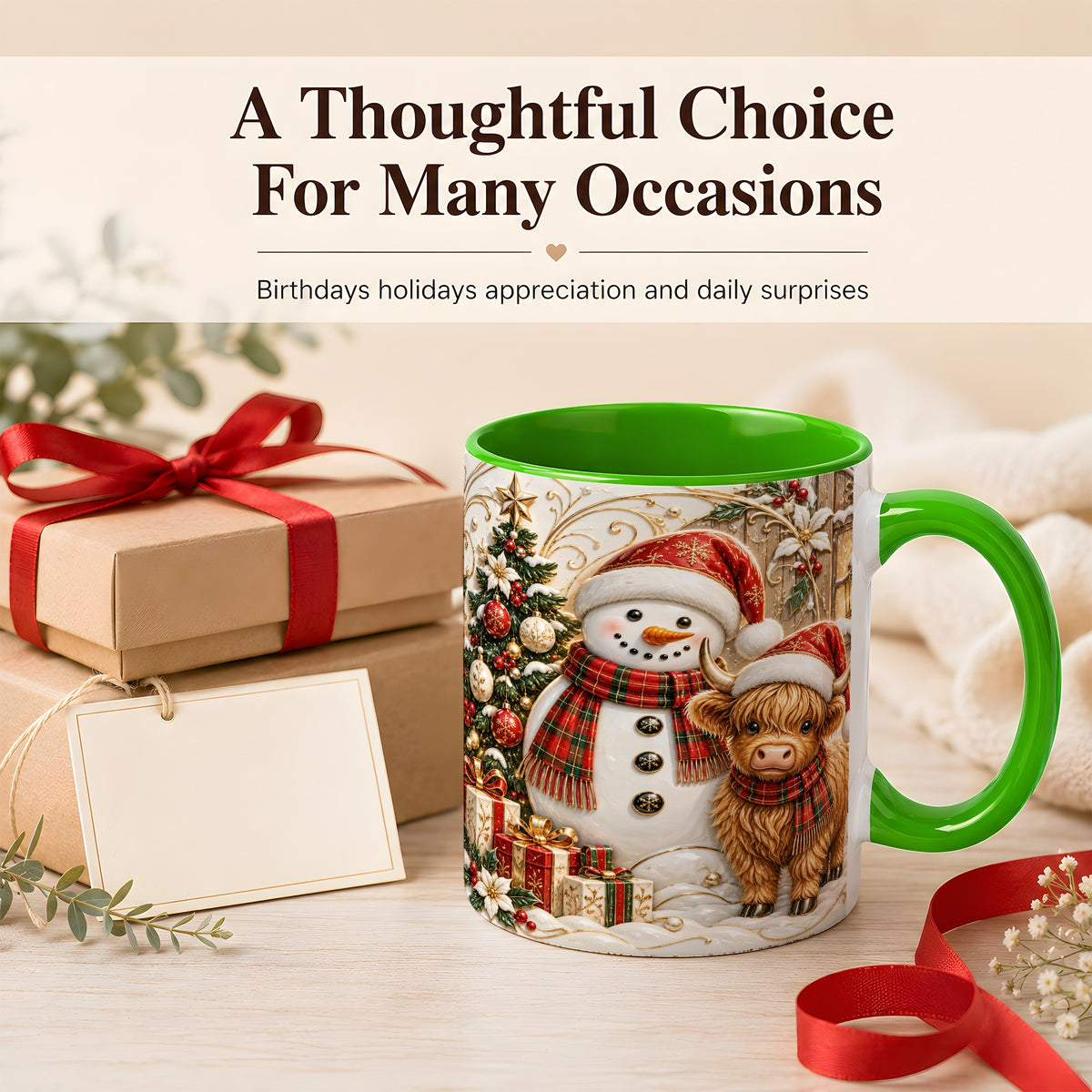 #pl[11oz|Green] Highland Cow Snowman Coffee Mug, Festive Farm Mug, Ceramic Cup