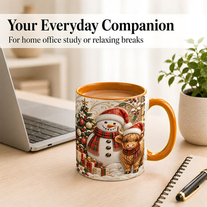 #pl[11oz|Orange] Highland Cow Snowman Coffee Mug, Festive Farm Mug, Ceramic Cup
