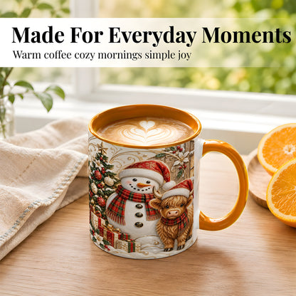 #pl[11oz|Orange] Highland Cow Snowman Coffee Mug, Festive Farm Mug, Ceramic Cup