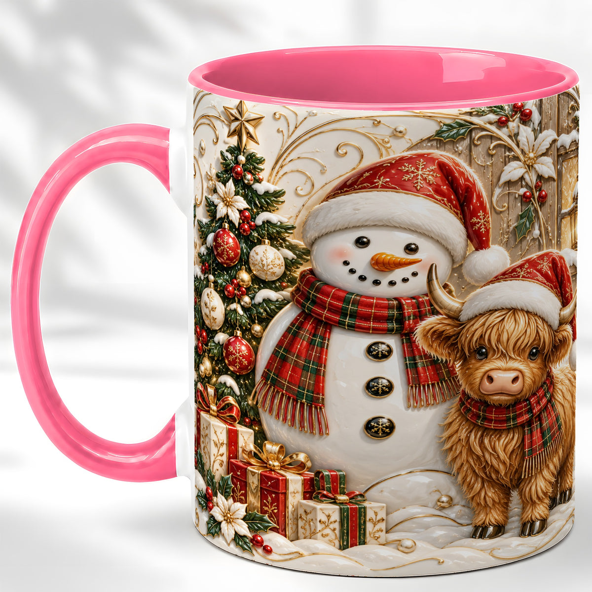 #pl[11oz|Pink] Highland Cow Snowman Coffee Mug, Festive Farm Mug, Ceramic Cup