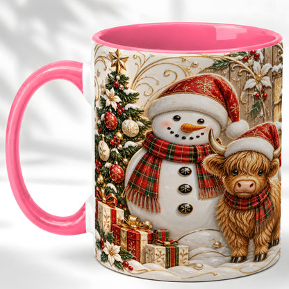 #pl[11oz|Pink] Highland Cow Snowman Coffee Mug, Festive Farm Mug, Ceramic Cup