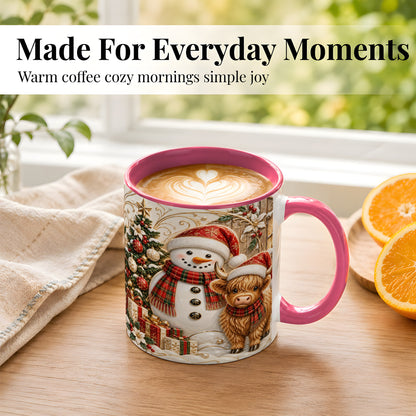 #pl[11oz|Pink] Highland Cow Snowman Coffee Mug, Festive Farm Mug, Ceramic Cup