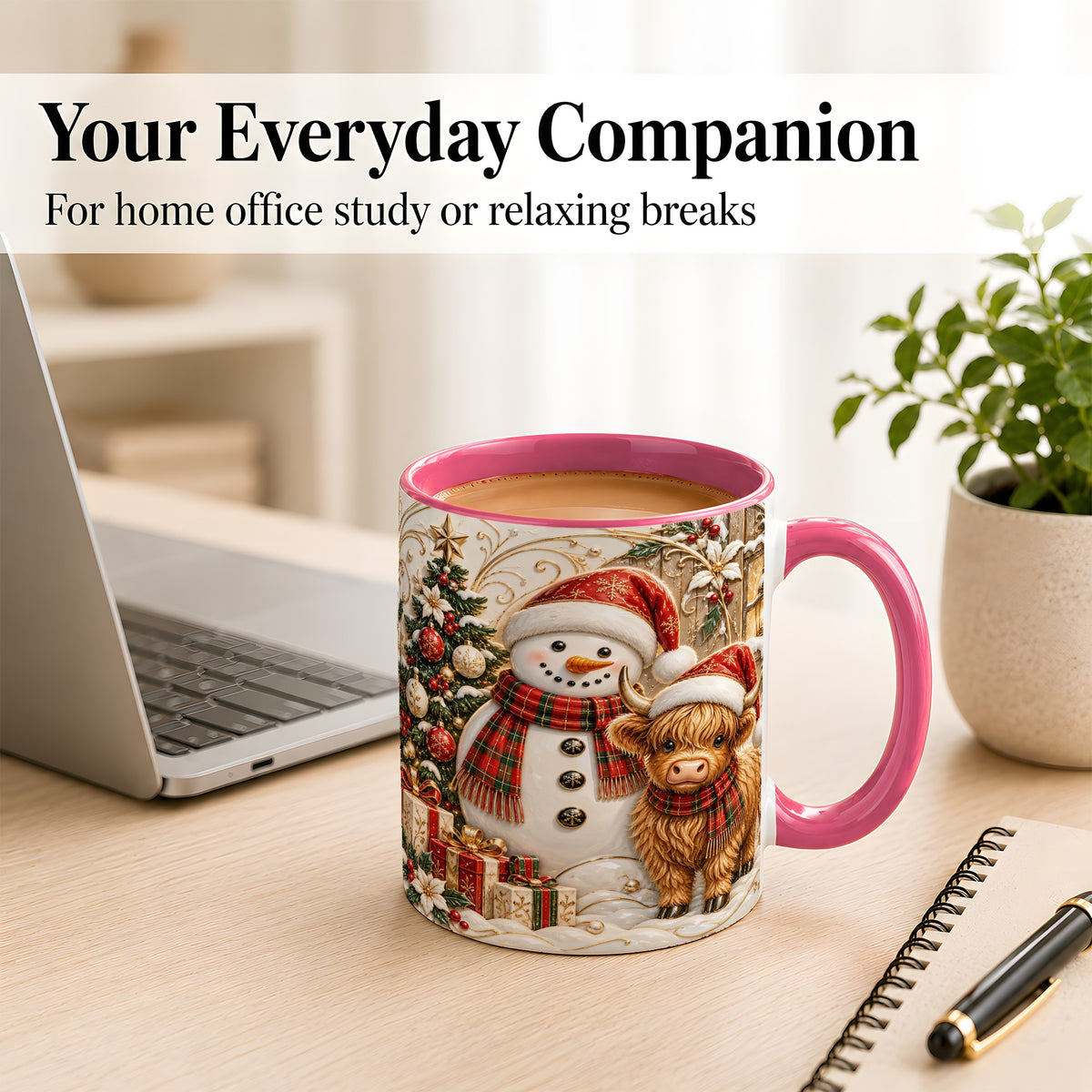 #pl[11oz|Pink] Highland Cow Snowman Coffee Mug, Festive Farm Mug, Ceramic Cup