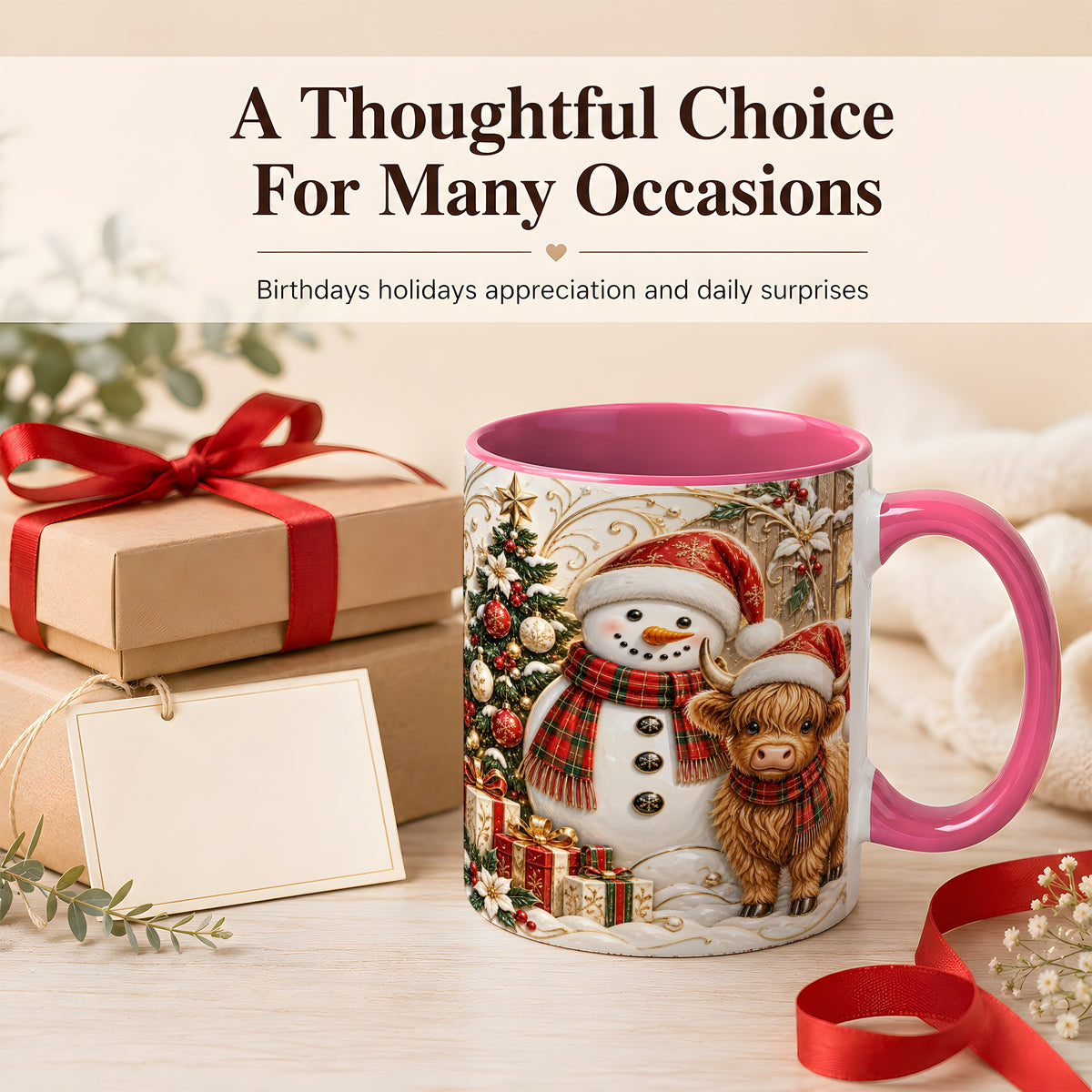 #pl[11oz|Pink] Highland Cow Snowman Coffee Mug, Festive Farm Mug, Ceramic Cup