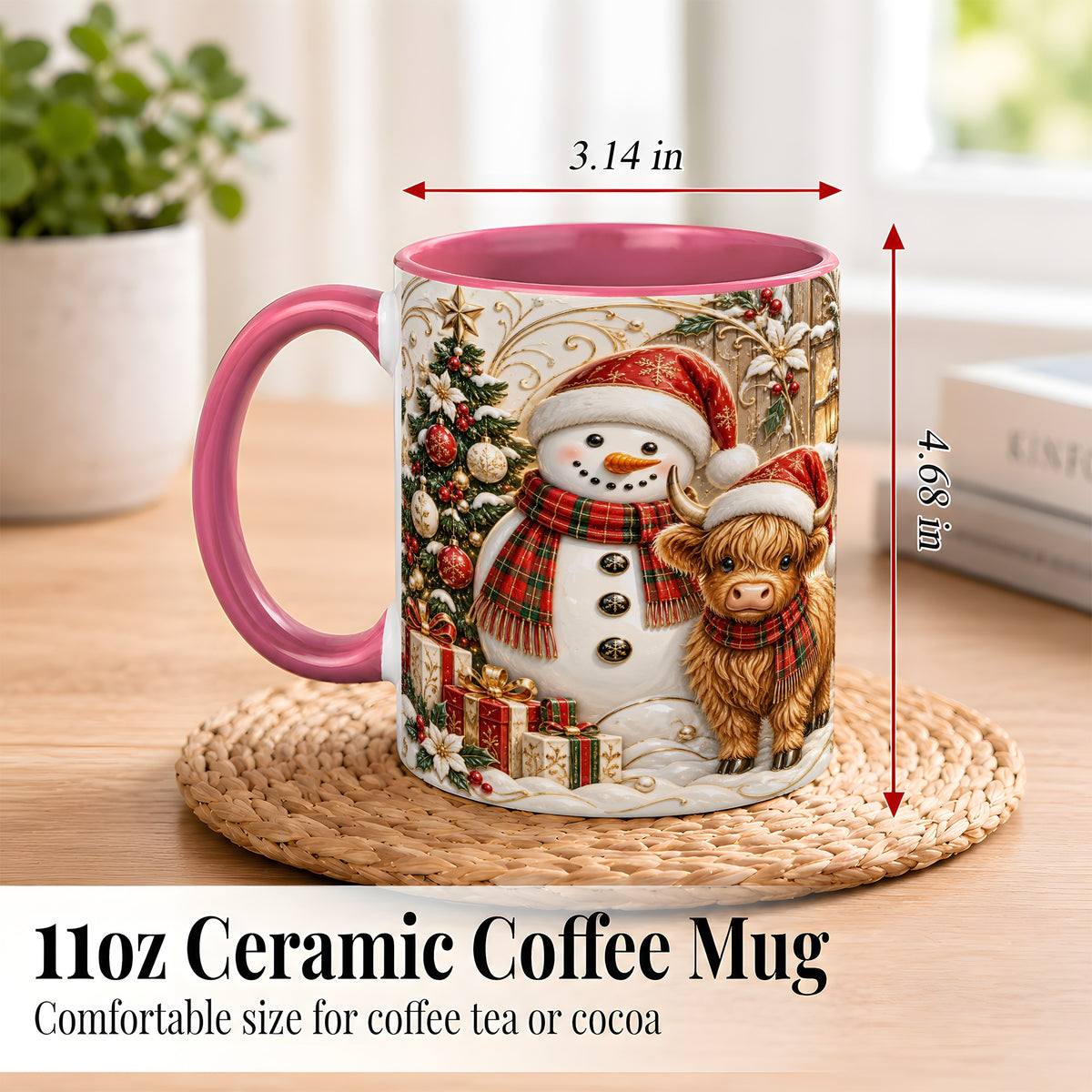 #pl[11oz|Pink] Highland Cow Snowman Coffee Mug, Festive Farm Mug, Ceramic Cup