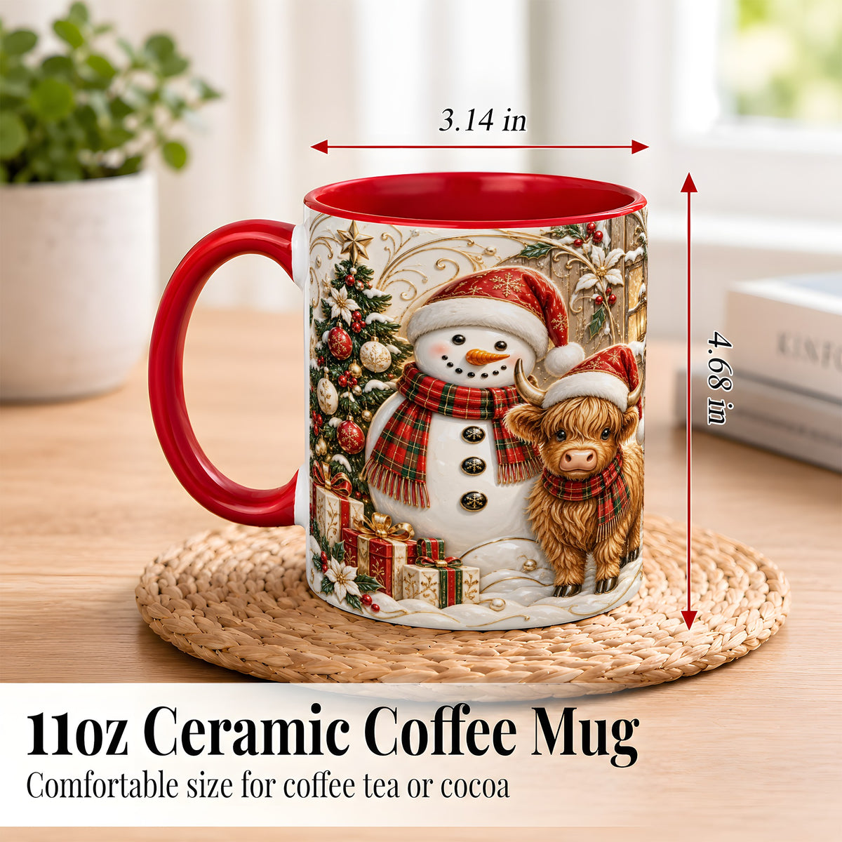 #pl[11oz|Red] Highland Cow Snowman Coffee Mug, Festive Farm Mug, Ceramic Cup