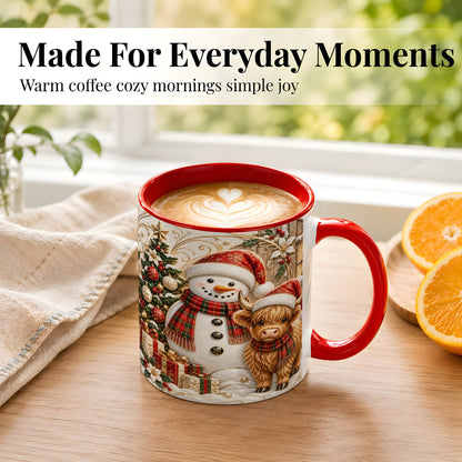 #pl[11oz|Red] Highland Cow Snowman Coffee Mug, Festive Farm Mug, Ceramic Cup