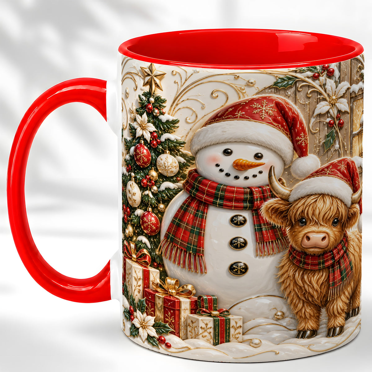 Highland Cow Snowman Coffee Mug, Festive Farm Mug, Ceramic Cup