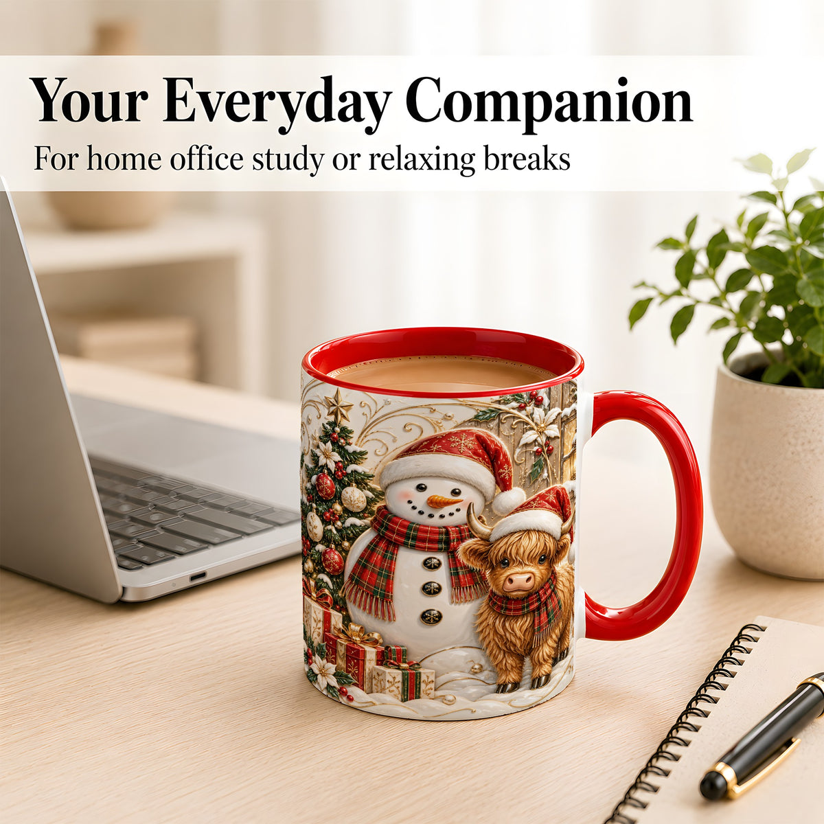 #pl[11oz|Red] Highland Cow Snowman Coffee Mug, Festive Farm Mug, Ceramic Cup