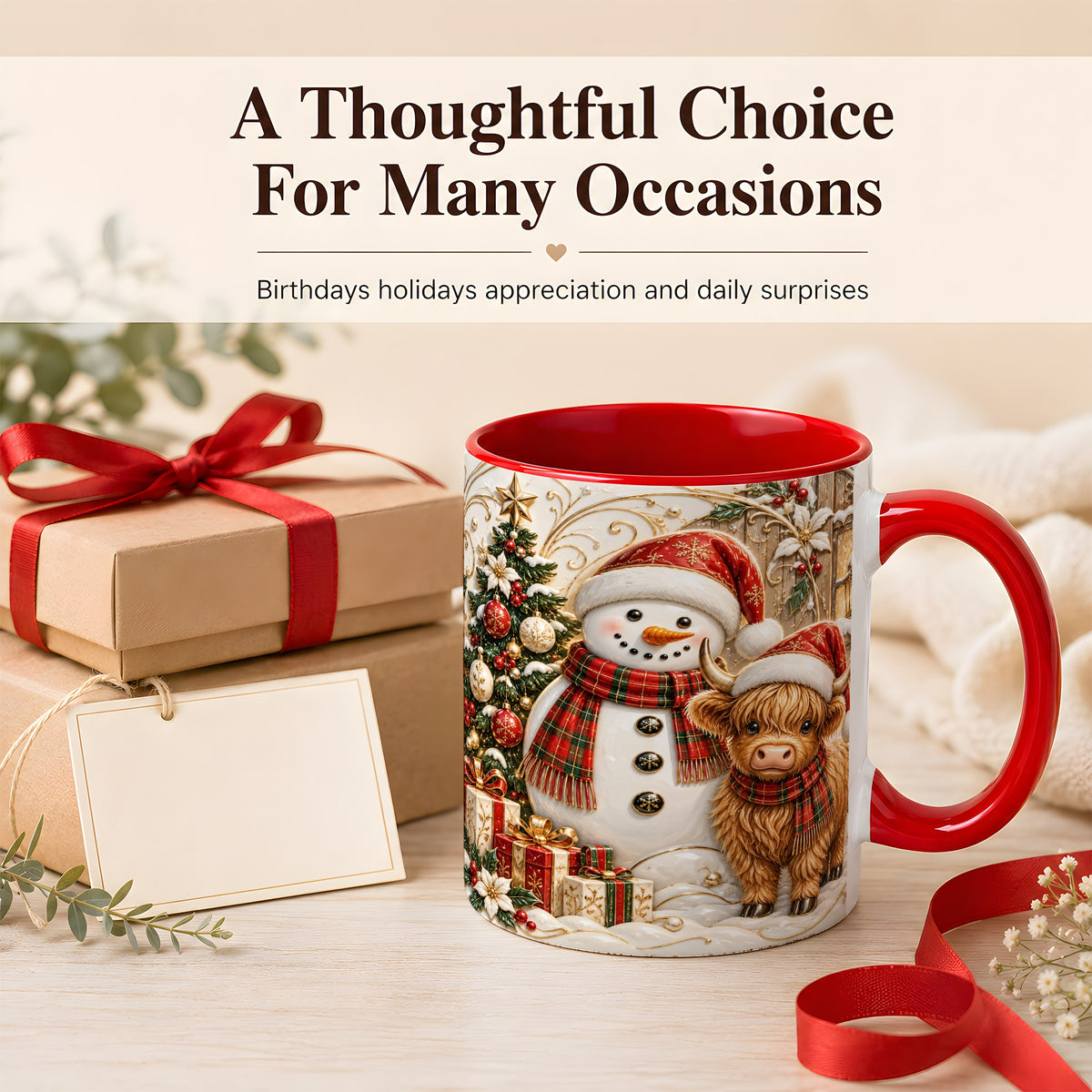 #pl[11oz|Red] Highland Cow Snowman Coffee Mug, Festive Farm Mug, Ceramic Cup