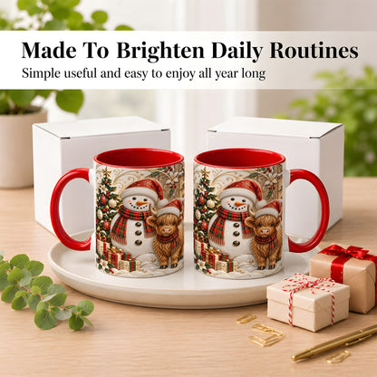 #pl[11oz|Red] Highland Cow Snowman Coffee Mug, Festive Farm Mug, Ceramic Cup