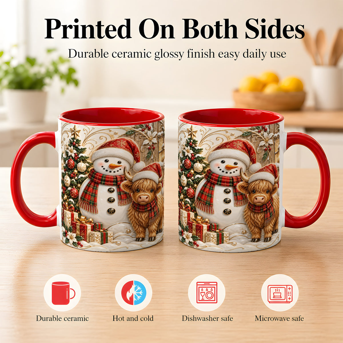 #pl[11oz|Red] Highland Cow Snowman Coffee Mug, Festive Farm Mug, Ceramic Cup