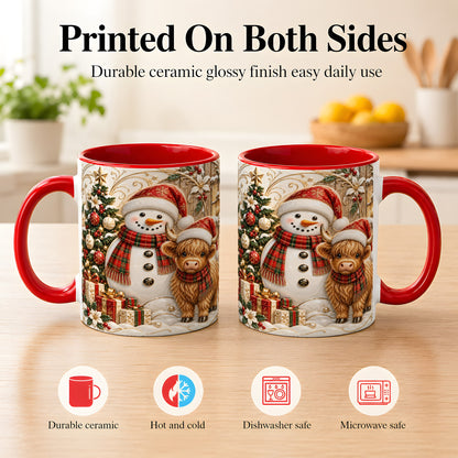 #pl[11oz|Red] Highland Cow Snowman Coffee Mug, Festive Farm Mug, Ceramic Cup