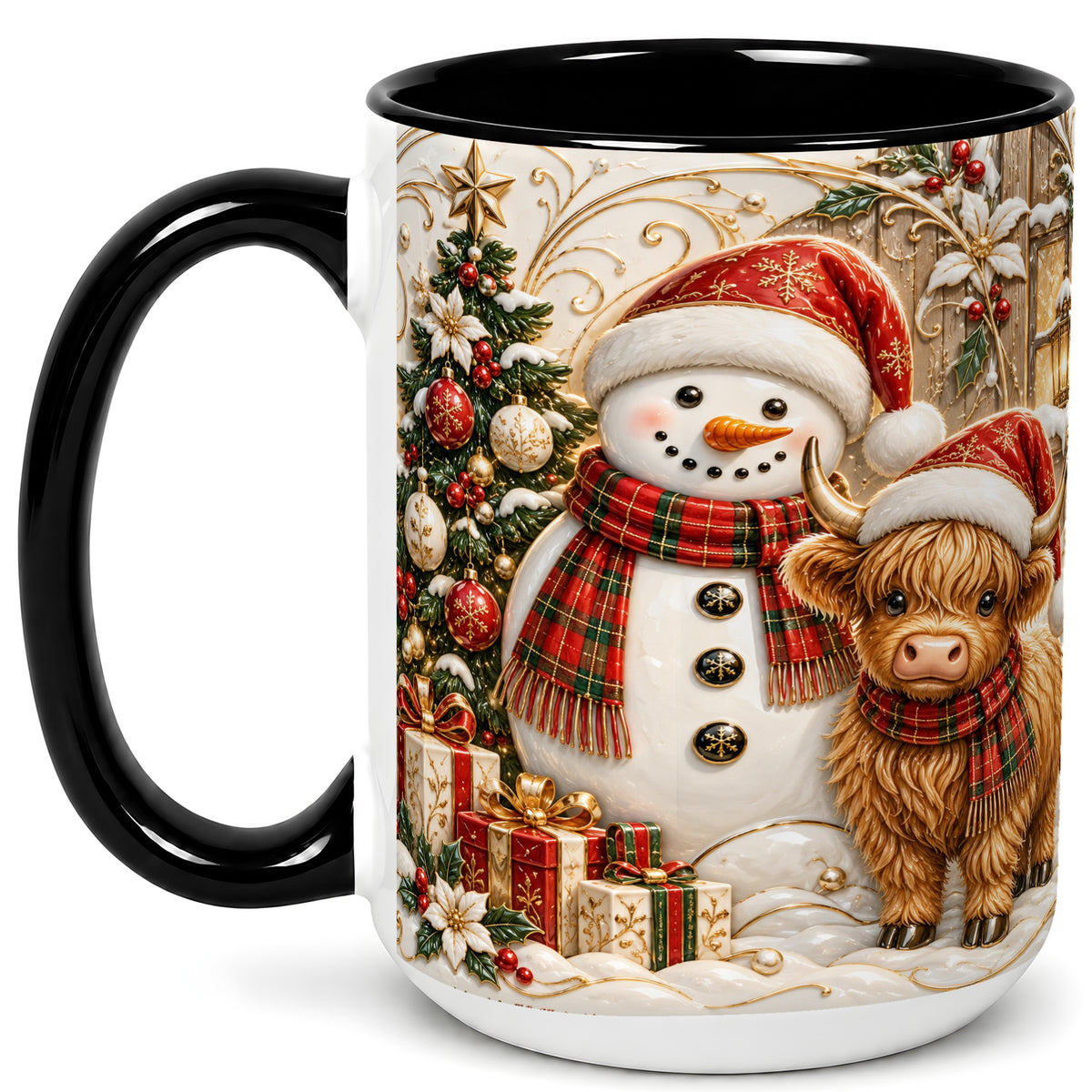 #pl[15oz|Black] Highland Cow Snowman Coffee Mug, Festive Farm Mug, Ceramic Cup