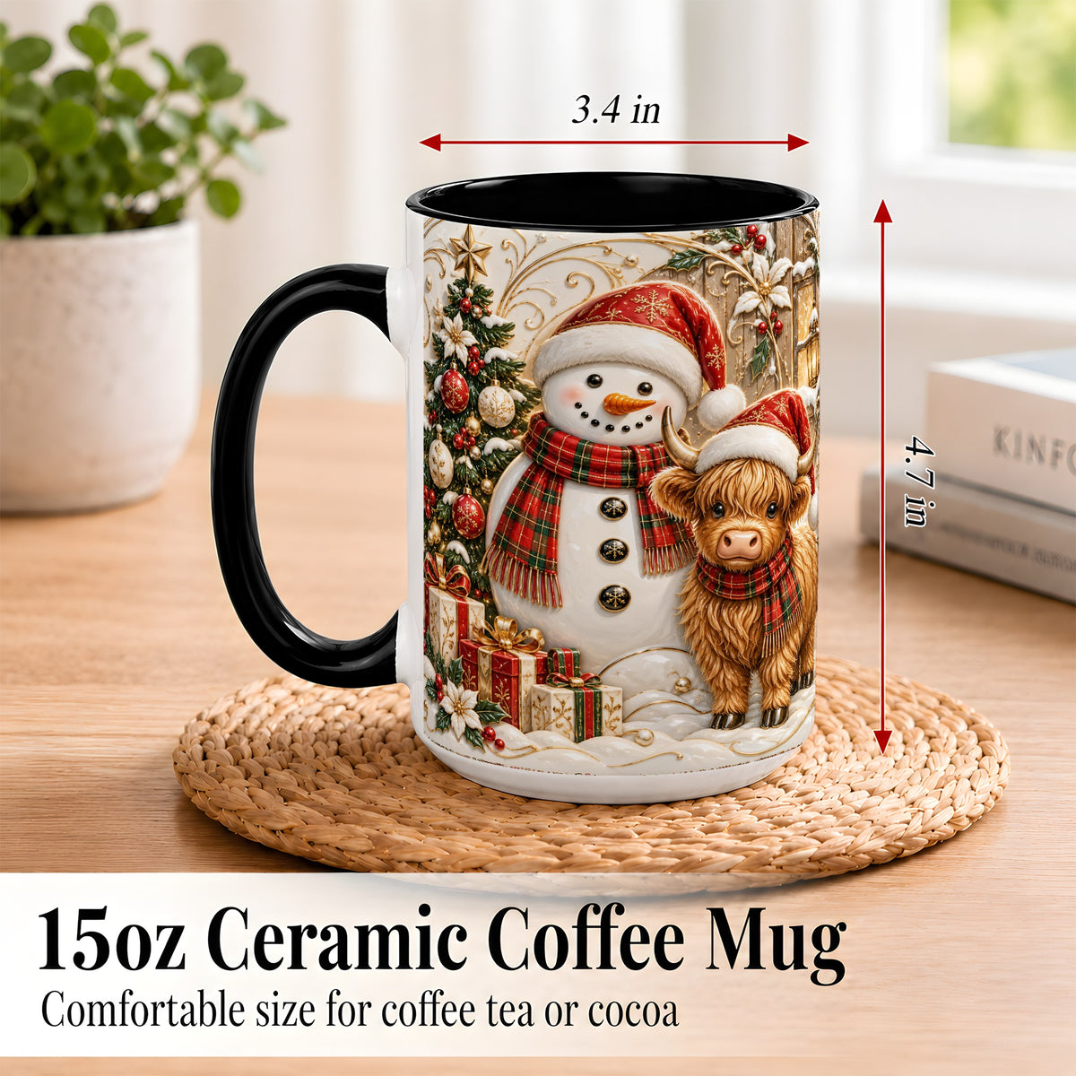 #pl[15oz|Black] Highland Cow Snowman Coffee Mug, Festive Farm Mug, Ceramic Cup