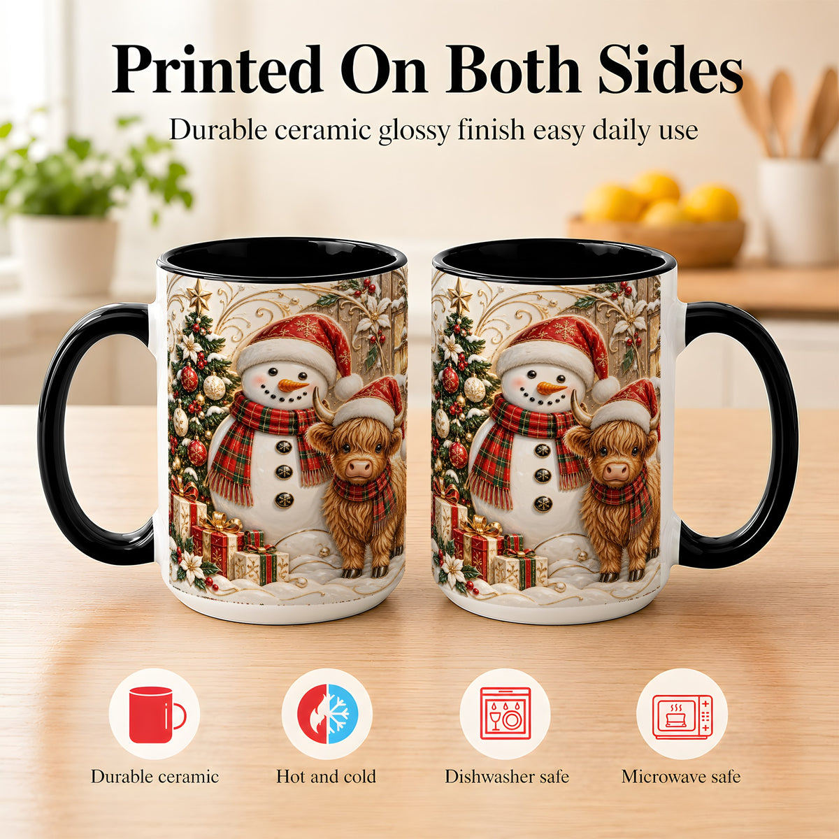 #pl[15oz|Black] Highland Cow Snowman Coffee Mug, Festive Farm Mug, Ceramic Cup