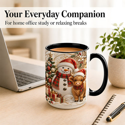 #pl[15oz|Black] Highland Cow Snowman Coffee Mug, Festive Farm Mug, Ceramic Cup