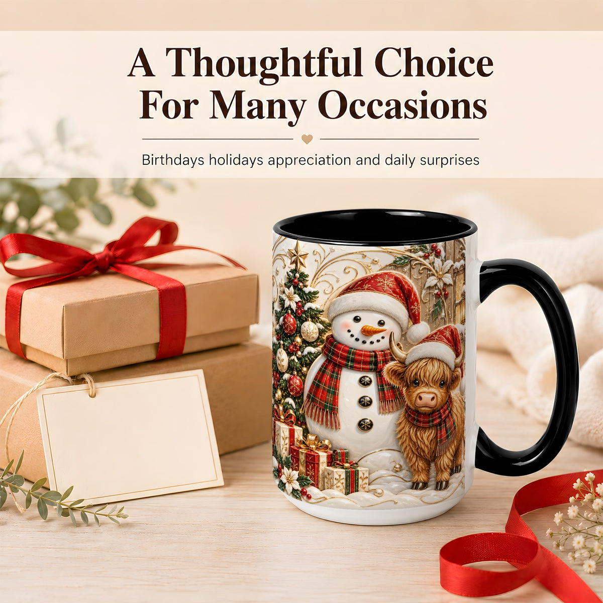 #pl[15oz|Black] Highland Cow Snowman Coffee Mug, Festive Farm Mug, Ceramic Cup