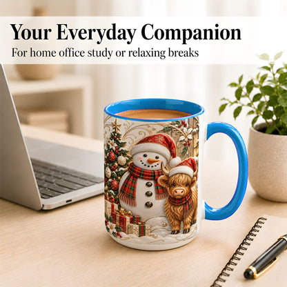 #pl[15oz|Blue] Highland Cow Snowman Coffee Mug, Festive Farm Mug, Ceramic Cup