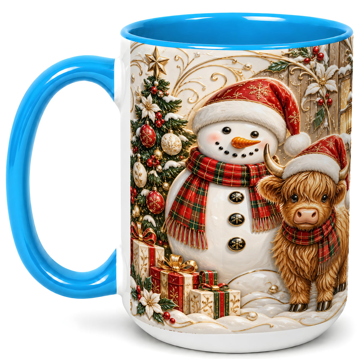 #pl[15oz|Blue] Highland Cow Snowman Coffee Mug, Festive Farm Mug, Ceramic Cup