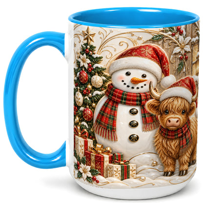 #pl[15oz|Blue] Highland Cow Snowman Coffee Mug, Festive Farm Mug, Ceramic Cup