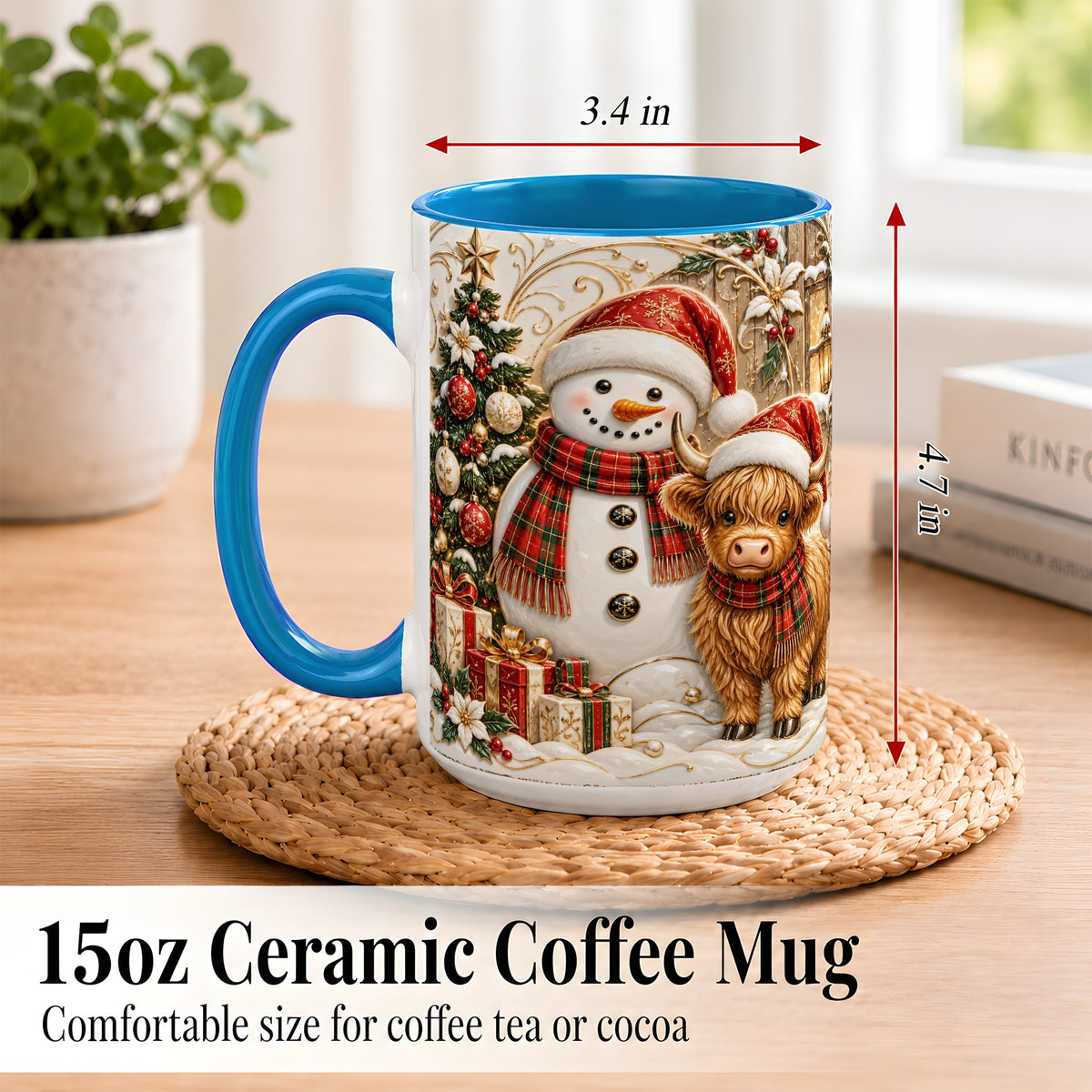 #pl[15oz|Blue] Highland Cow Snowman Coffee Mug, Festive Farm Mug, Ceramic Cup