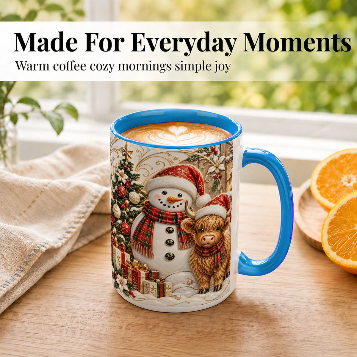 #pl[15oz|Blue] Highland Cow Snowman Coffee Mug, Festive Farm Mug, Ceramic Cup