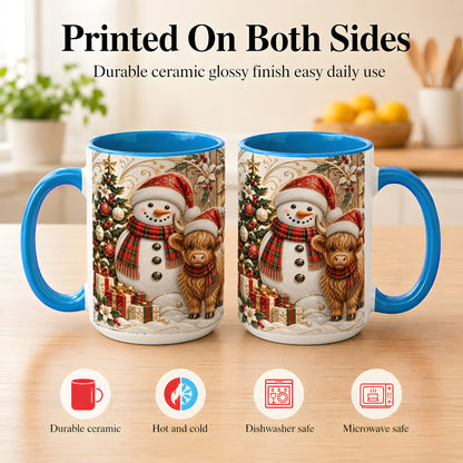 #pl[15oz|Blue] Highland Cow Snowman Coffee Mug, Festive Farm Mug, Ceramic Cup