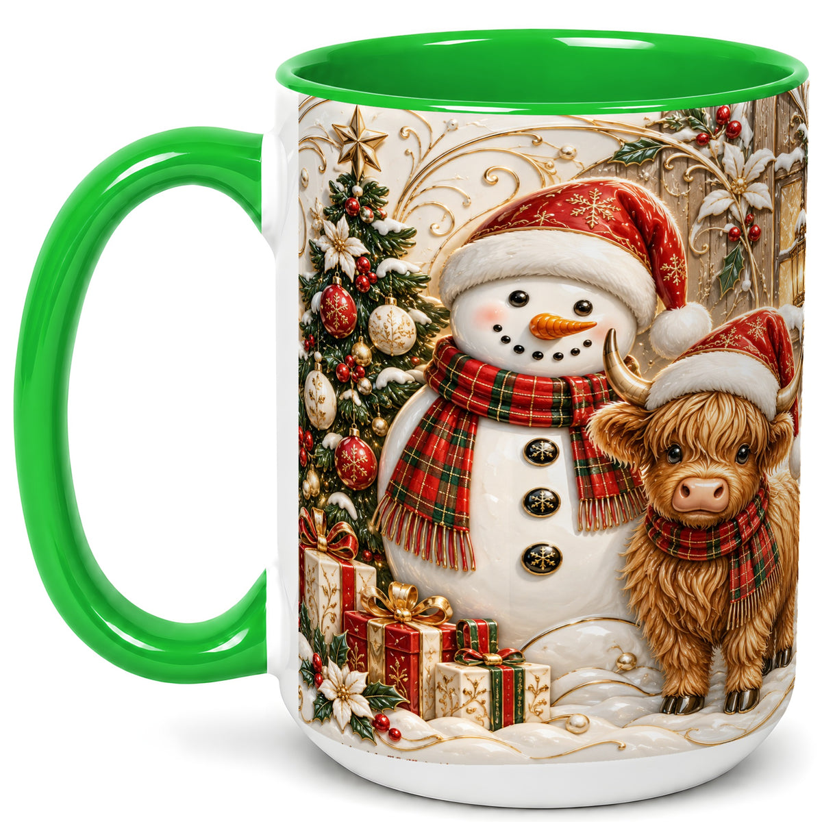 #pl[15oz|Green] Highland Cow Snowman Coffee Mug, Festive Farm Mug, Ceramic Cup