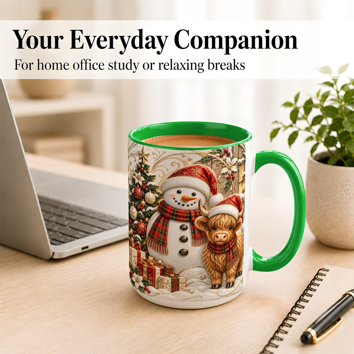 #pl[15oz|Green] Highland Cow Snowman Coffee Mug, Festive Farm Mug, Ceramic Cup