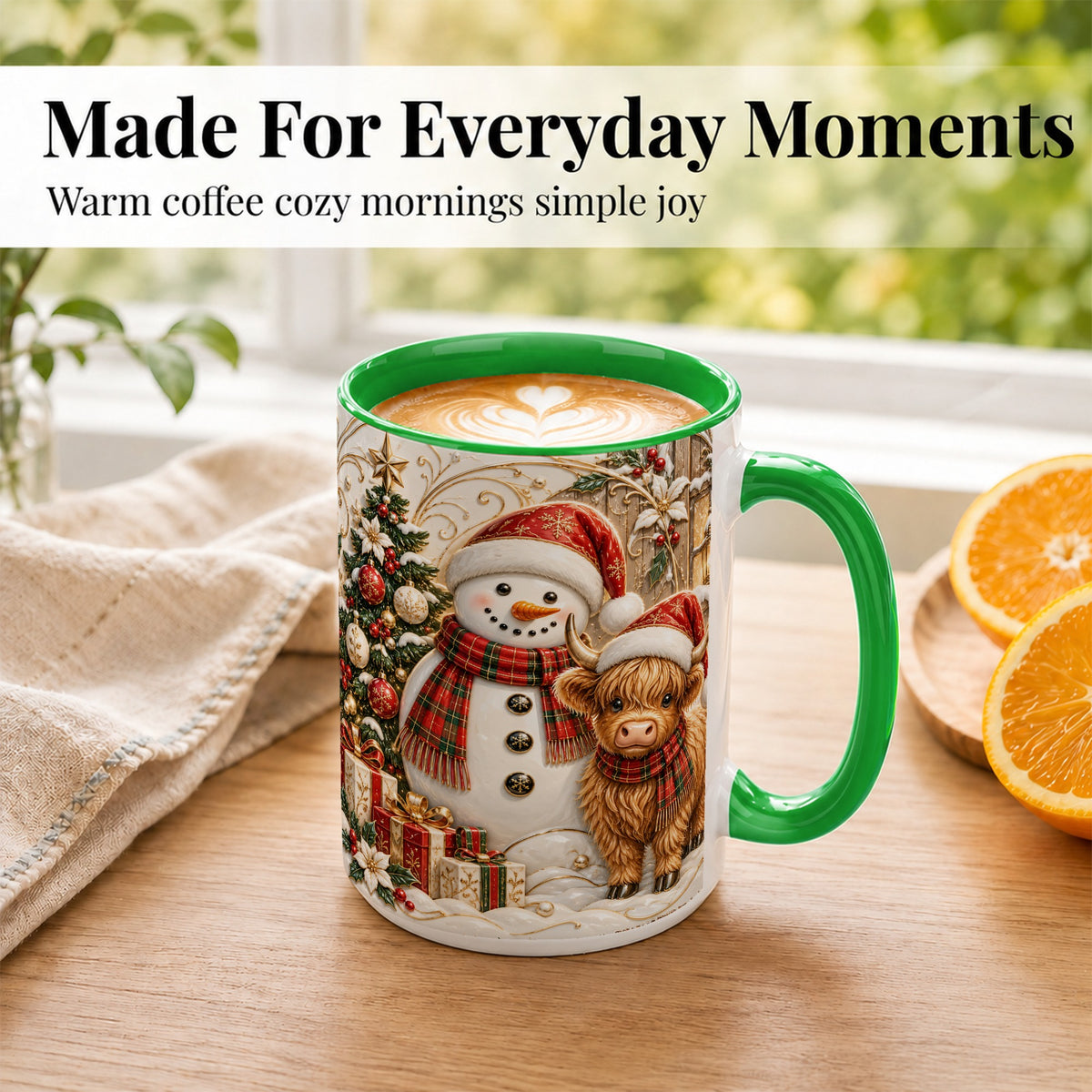#pl[15oz|Green] Highland Cow Snowman Coffee Mug, Festive Farm Mug, Ceramic Cup