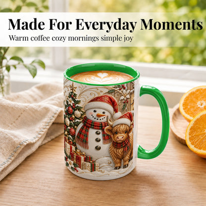 #pl[15oz|Green] Highland Cow Snowman Coffee Mug, Festive Farm Mug, Ceramic Cup