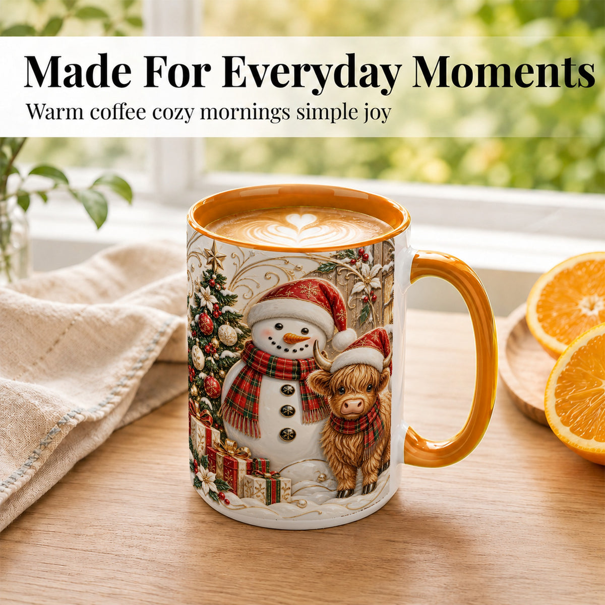 #pl[15oz|Orange] Highland Cow Snowman Coffee Mug, Festive Farm Mug, Ceramic Cup