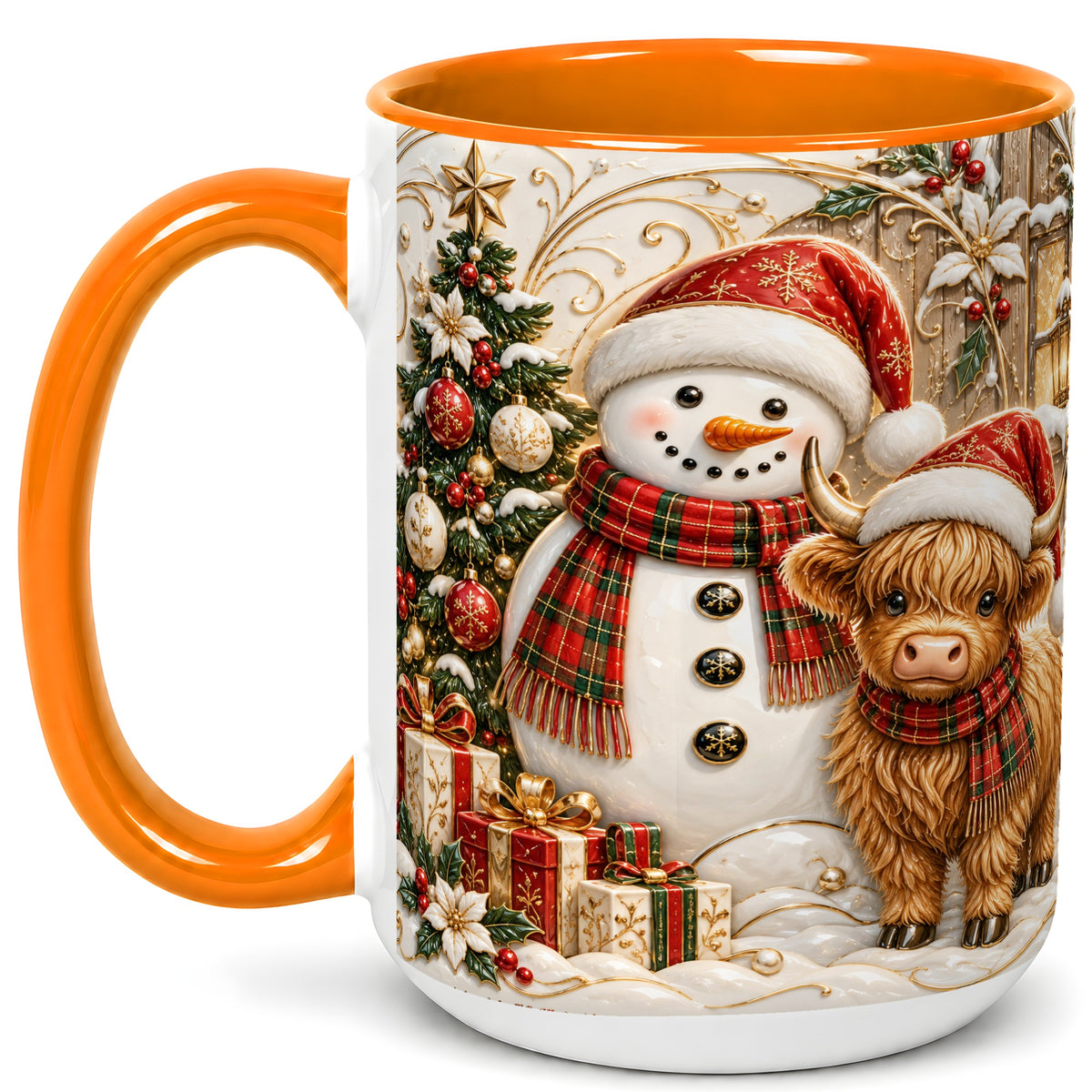 #pl[15oz|Orange] Highland Cow Snowman Coffee Mug, Festive Farm Mug, Ceramic Cup