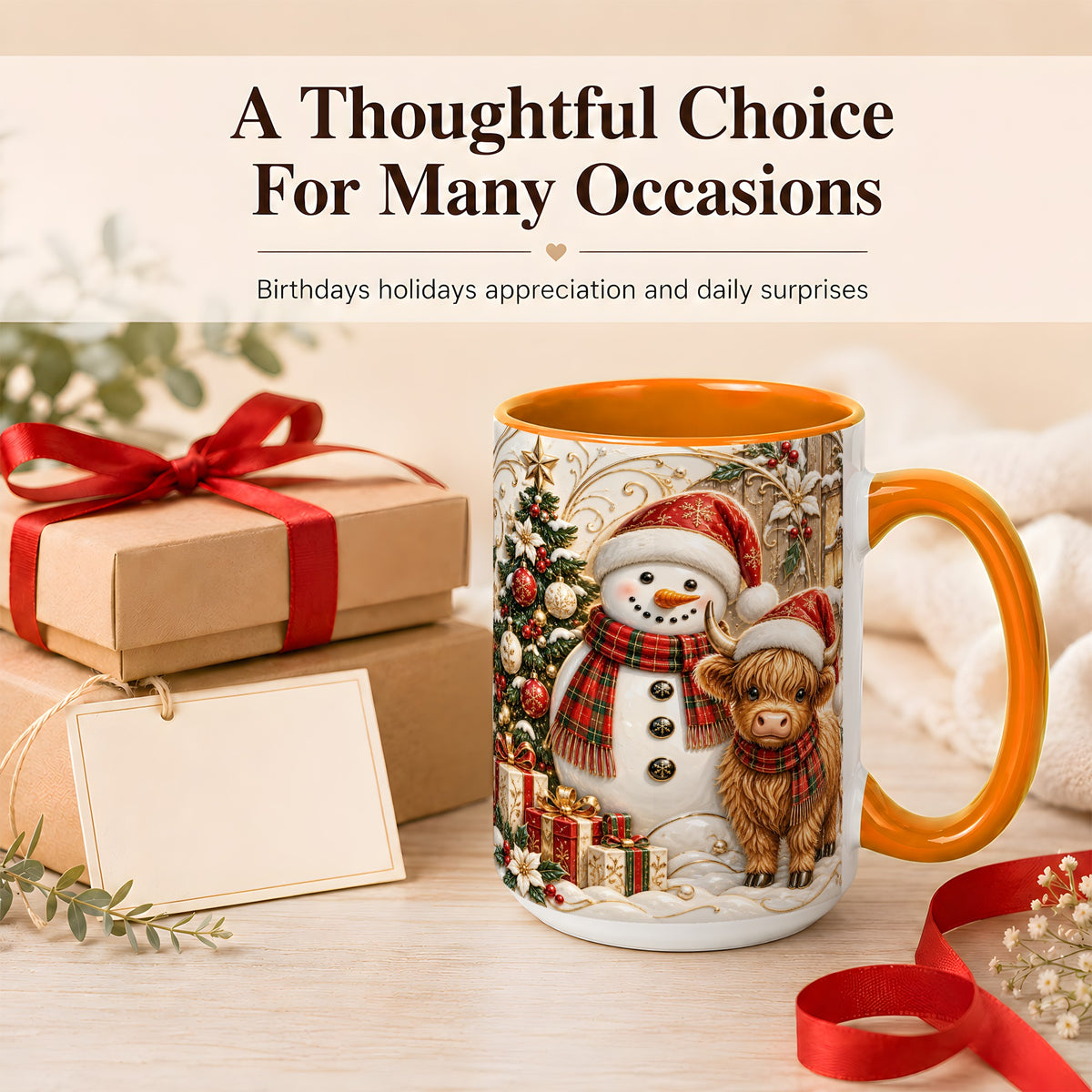 #pl[15oz|Orange] Highland Cow Snowman Coffee Mug, Festive Farm Mug, Ceramic Cup