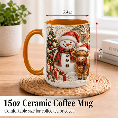 #pl[15oz|Orange] Highland Cow Snowman Coffee Mug, Festive Farm Mug, Ceramic Cup