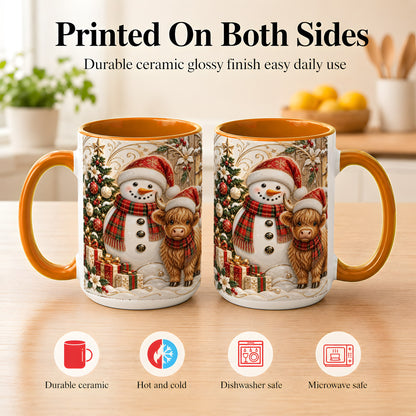 #pl[15oz|Orange] Highland Cow Snowman Coffee Mug, Festive Farm Mug, Ceramic Cup