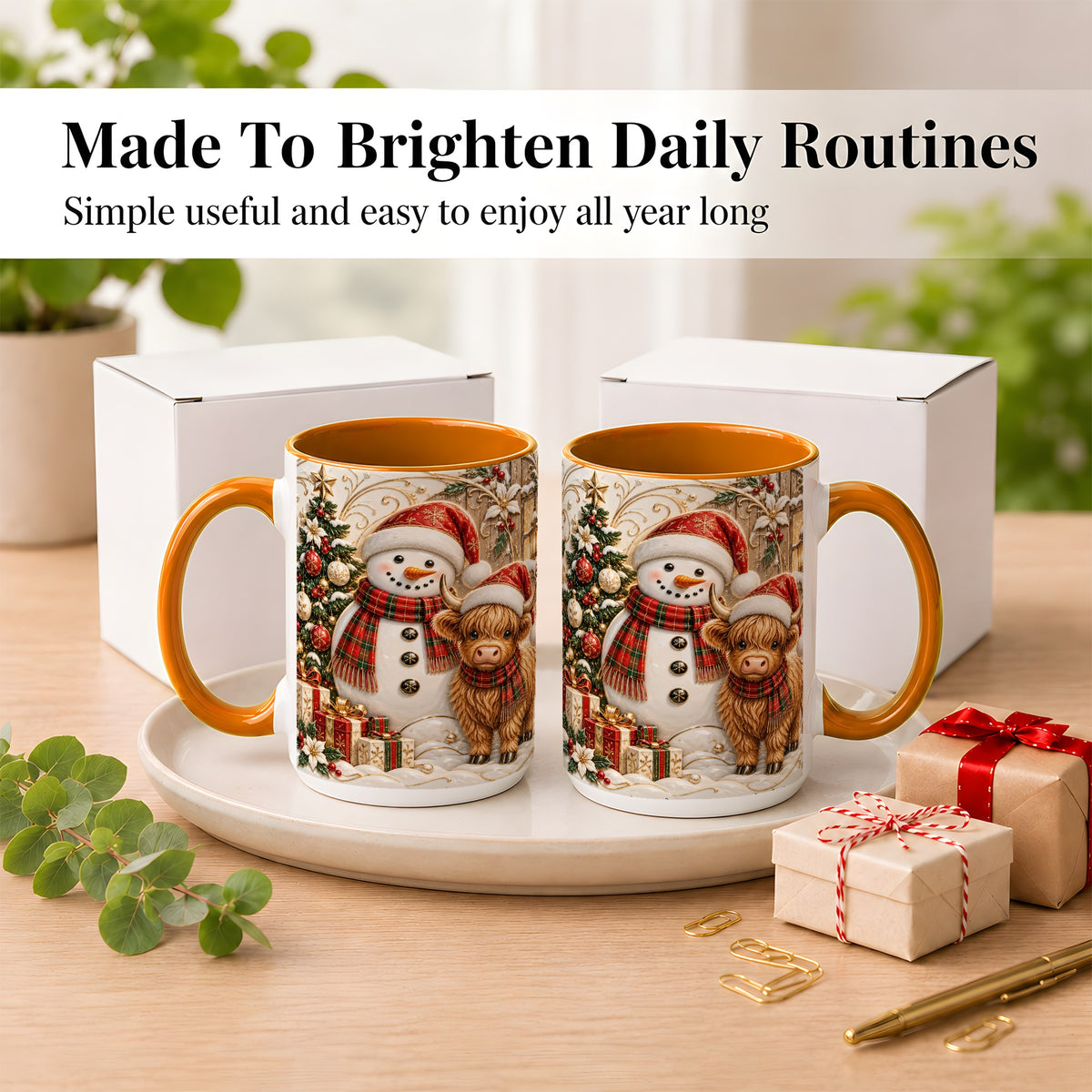 #pl[15oz|Orange] Highland Cow Snowman Coffee Mug, Festive Farm Mug, Ceramic Cup