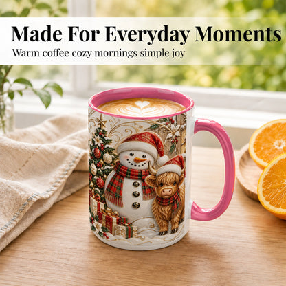 #pl[15oz|Pink] Highland Cow Snowman Coffee Mug, Festive Farm Mug, Ceramic Cup