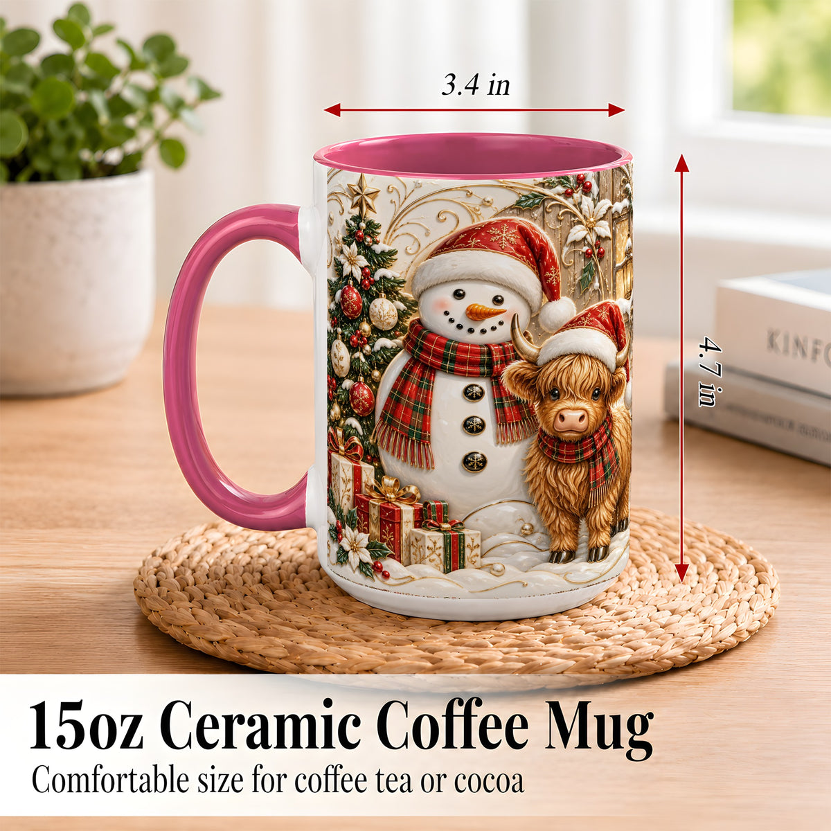 #pl[15oz|Pink] Highland Cow Snowman Coffee Mug, Festive Farm Mug, Ceramic Cup